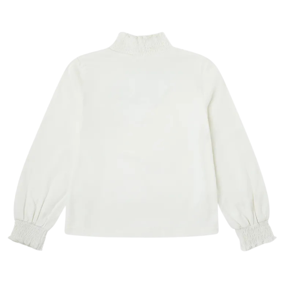 Camisola branca de manga comprida com gola e punhos franzidos