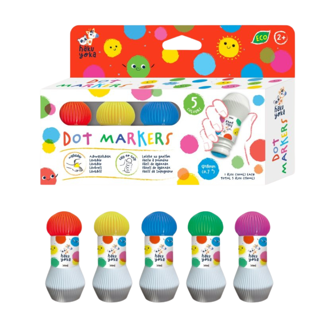 Conjunto de 5 marcadores Dot Markers coloridos com embalagem branca e pontos coloridos