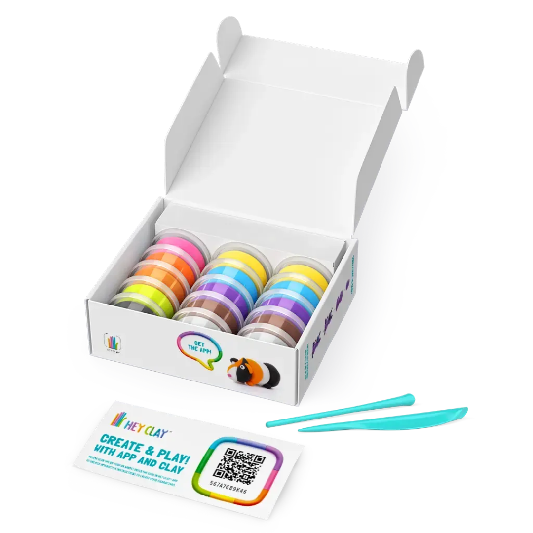 Caixa aberta com potes de massa de modelar colorida e utensílios azuis