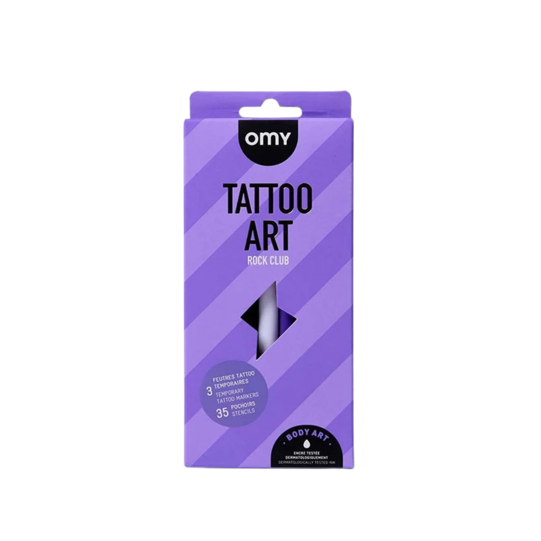 Caixa roxa listrada do produto OMY Tattoo Art Rock Club para marcadores e moldes de tatuagem temporária