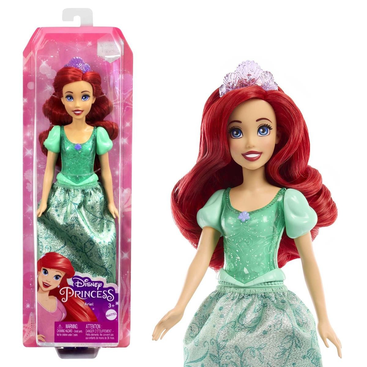 Boneca Disney Princesa Ariel com vestido verde e cabelo ruivo, dentro de embalagem rosa