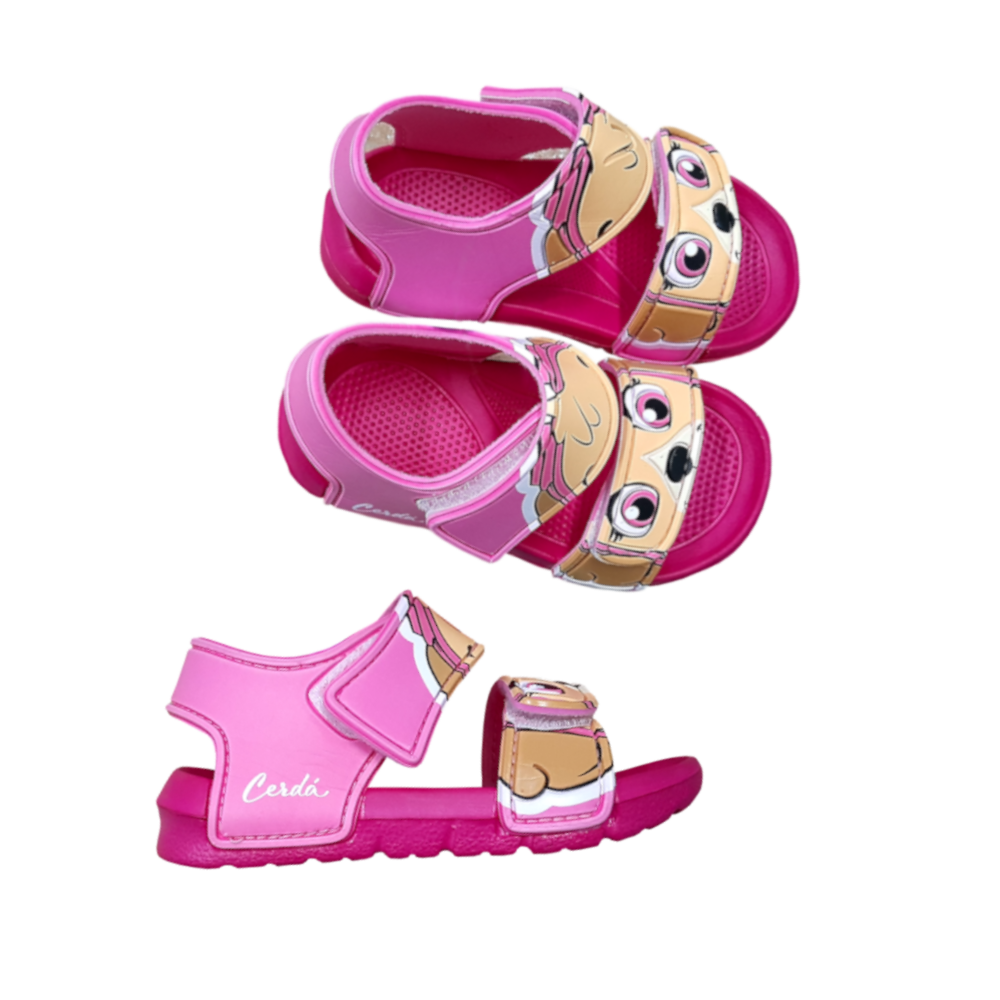 Sandálias cor-de-rosa para criança com rosto de cão nas tiras