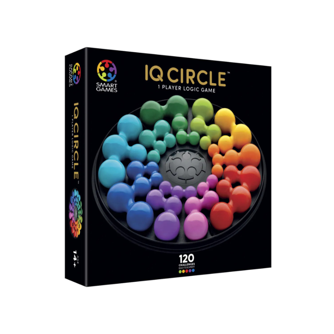 Caixa do jogo de lógica IQ Circle com peças coloridas em círculo