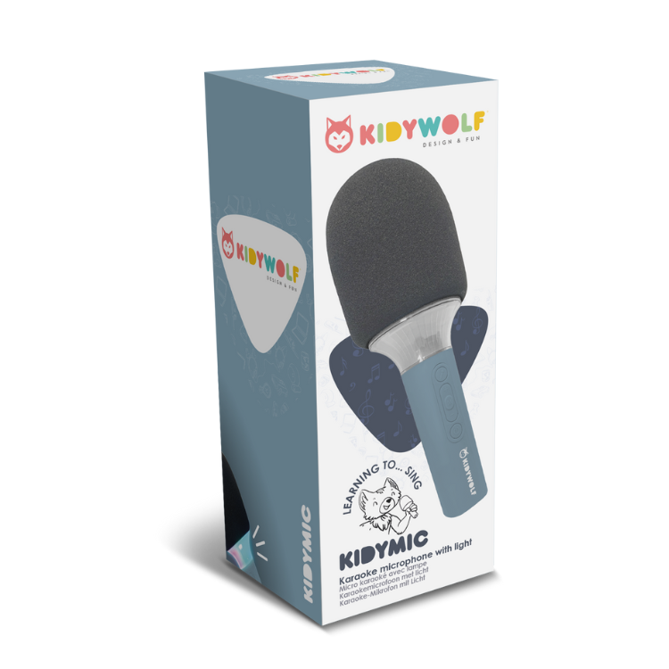 Microfone de karaokê Kidymic na sua embalagem com logotipo KIDYWOLF