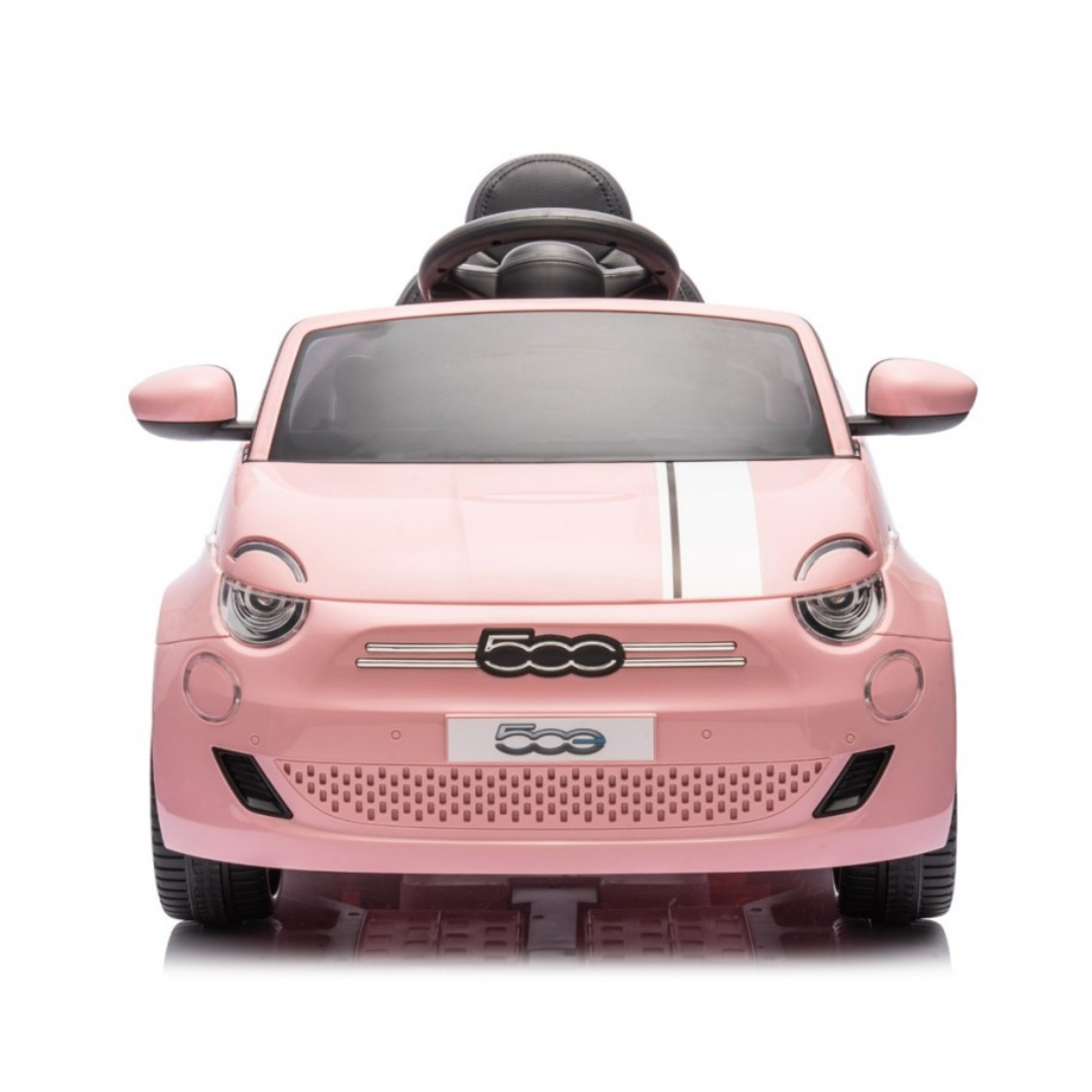 Carro infantil cor-de-rosa com volante preto e faixa branca no capô