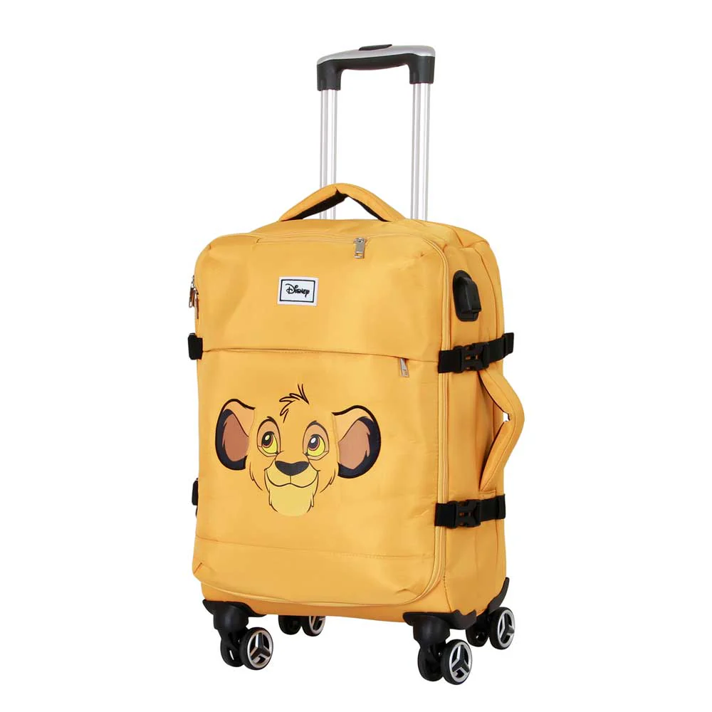 Mala de viagem amarela com o rosto do Simba da Disney
