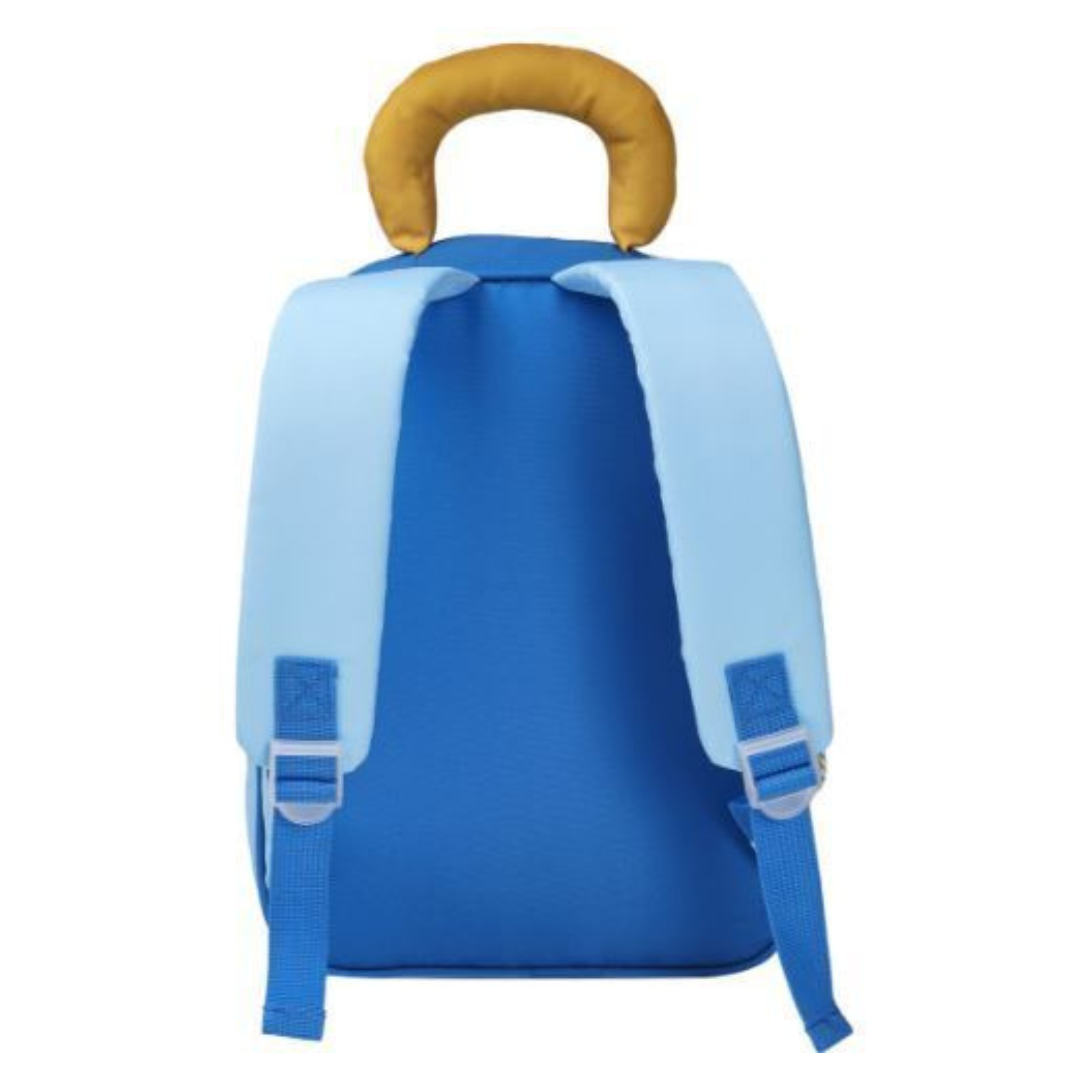 Mochila azul com alças almofadadas castanho claro vista de trás