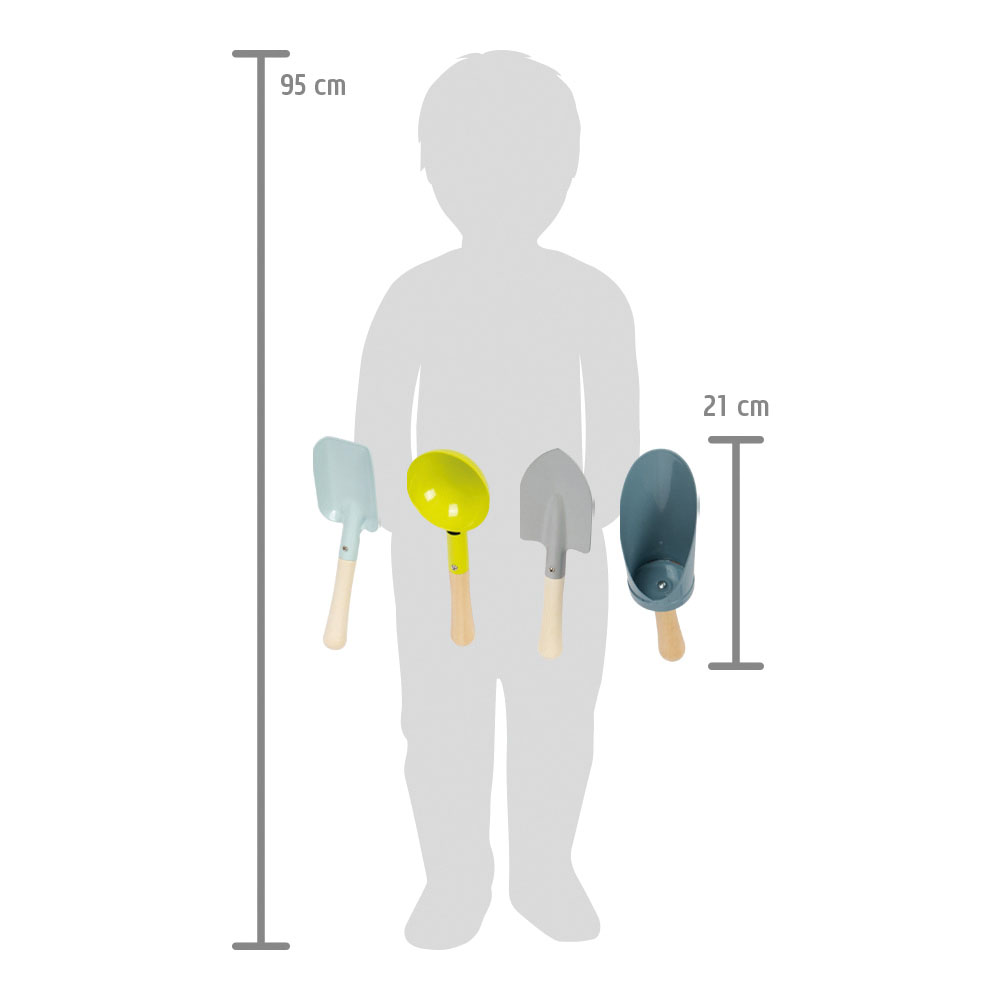 Conjunto de ferramentas de mão para jardim com cabo de madeira e parte funcional colorida