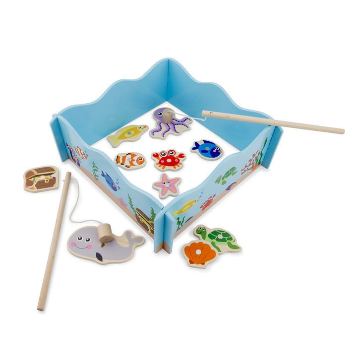 Conjunto de brinquedo de pesca magnético com base azul e peças de animais marinhos em madeira