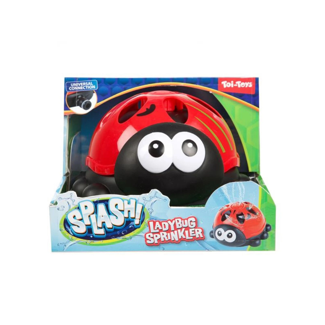 Brinquedo joaninha vermelho e preto em embalagem azul e verde