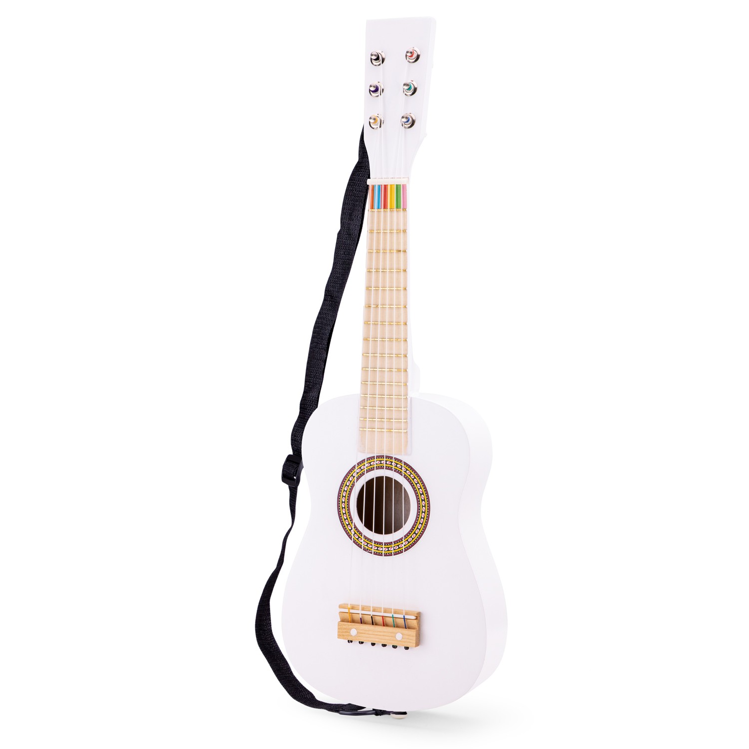 Guitarra acústica branca pequena com correia preta