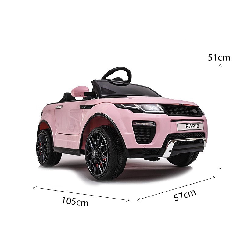 Carro elétrico infantil rosa com matrícula RAPID e volante preto