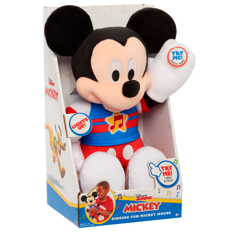 Pelúcia do Mickey Mouse com roupa colorida na embalagem com textos promocionais