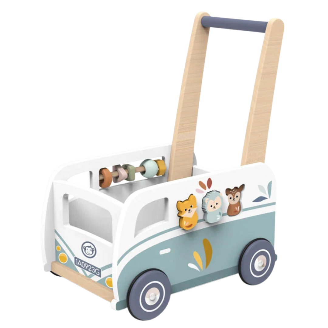 Carrinho de empurrar infantil em madeira com rodas azuis e figuras de animais
