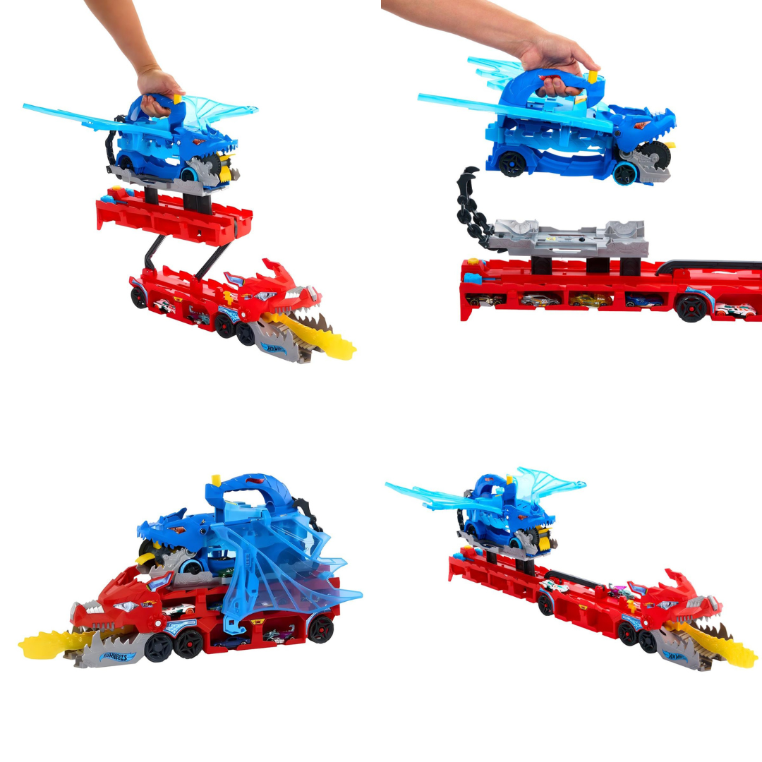 Brinquedo de pista Hot Wheels com tema dragão em azul e vermelho com asas e chamas amarelas
