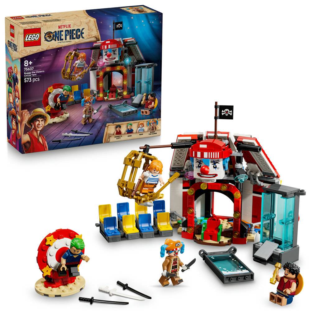 Conjunto LEGO One Piece Buggy the Clown's Circus Tent com personagens e tenda de circo em peças de blocos.