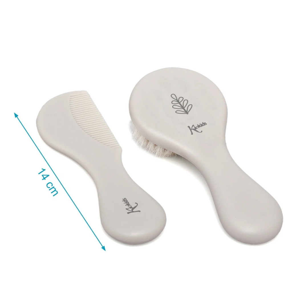 Conjunto de pente e escova para bebé em plástico branco com logotipo e folha