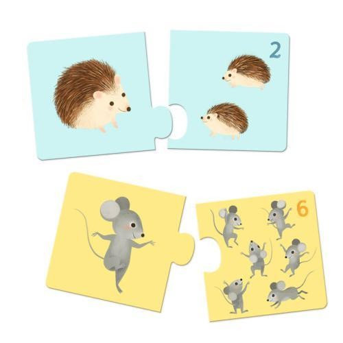 Peças de quebra-cabeça com ouriços e ratos, fundo azul e amarelo, números 2 e 6.