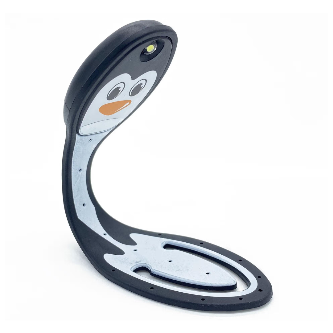 Luz de leitura infantil com design de pinguim curvado preto e cinza