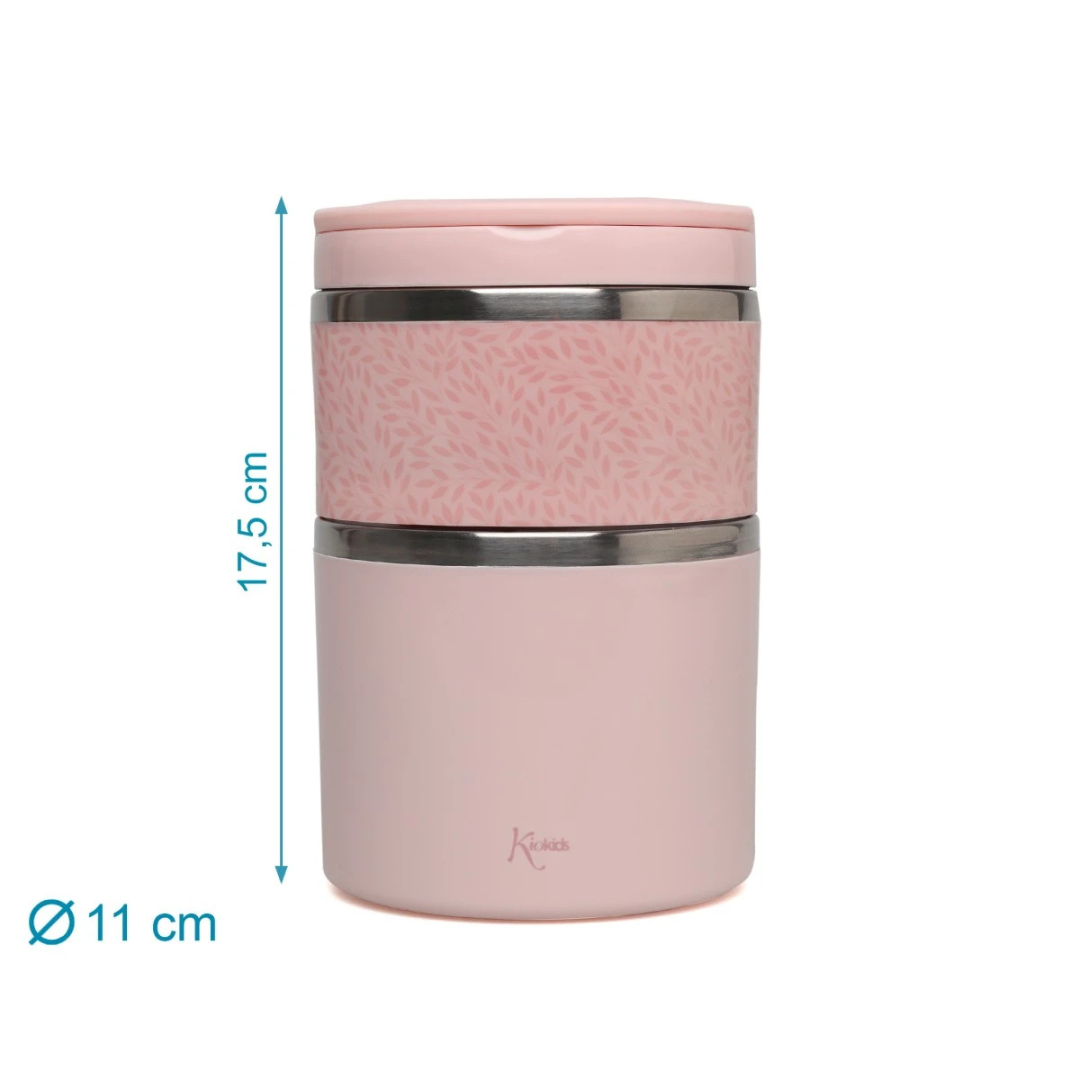 Pote isolante cor-de-rosa com padrão de folhas e faixas metálicas