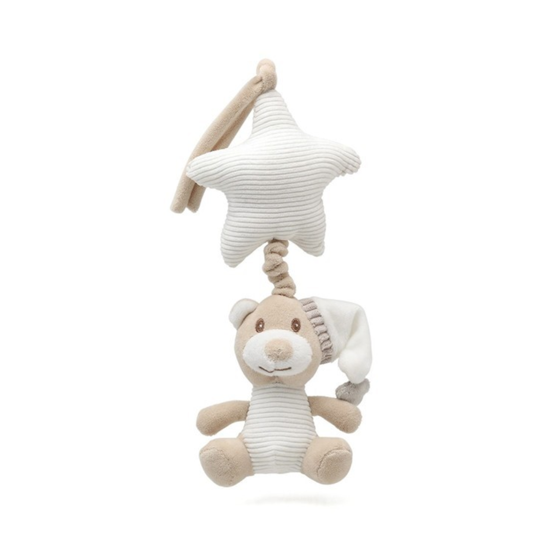 Boneco de pelúcia de urso bege e branco com estrela e cordão para pendurar