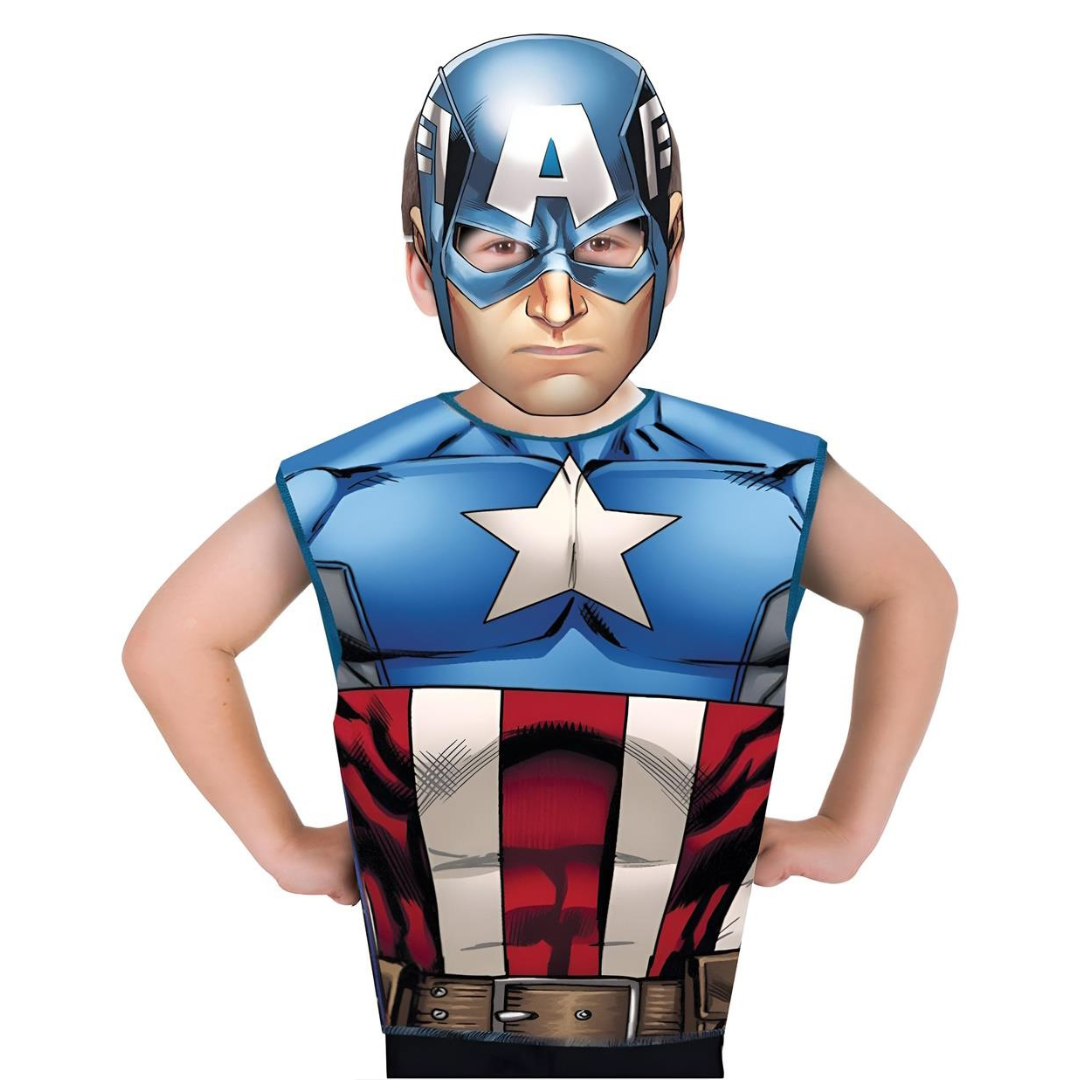 Fato de carnaval do Capitão América com máscara e colete colorido