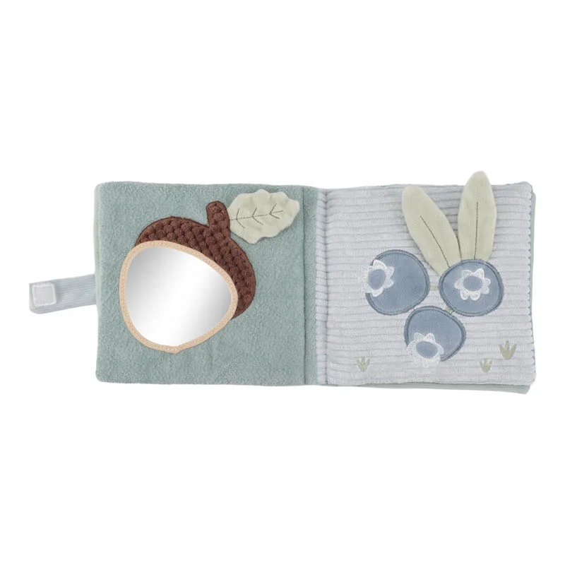 Livro de tecido para bebé com espelho e decoração de bolota e flores