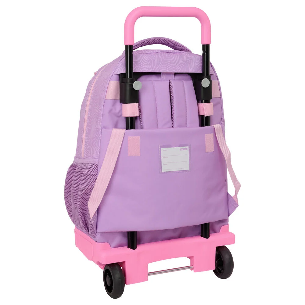 Mochila roxa com carrinho e alça cor-de-rosa