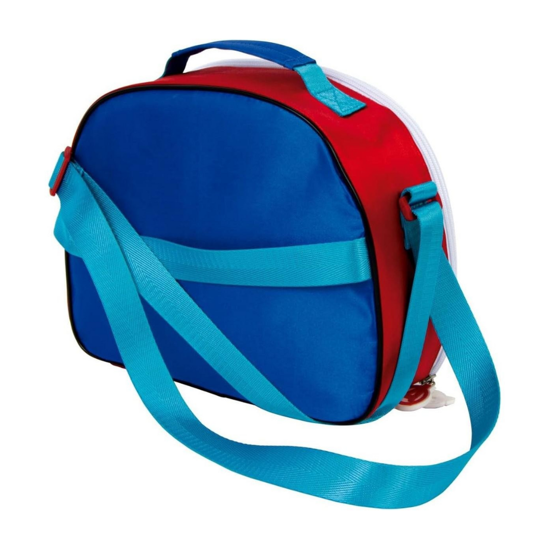 Mala tiracolo azul e vermelha com alça azul clara e pega superior