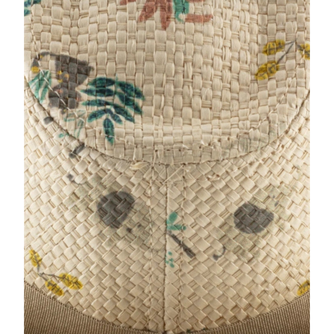 Chapéu de palha trançada creme com estampado floral