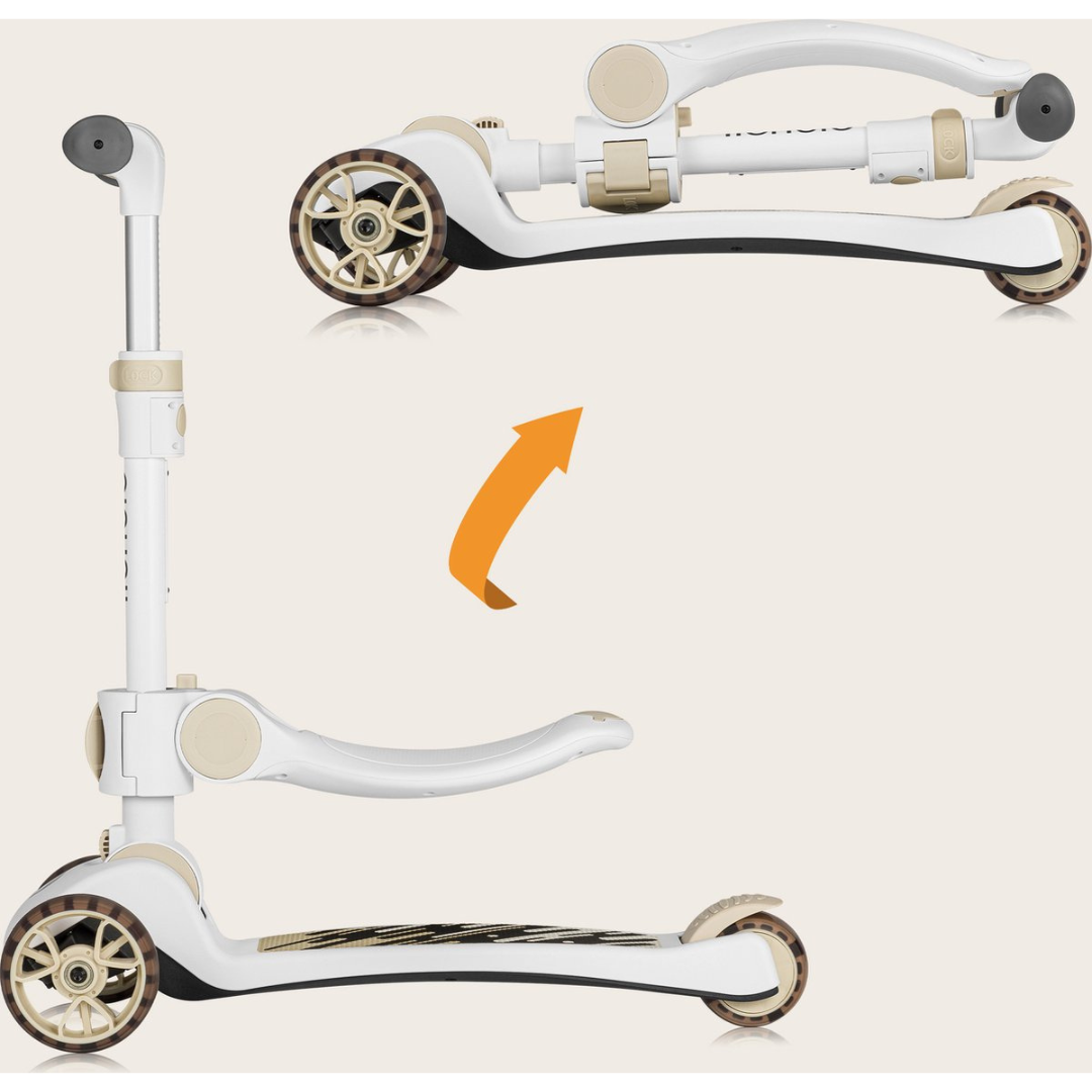 Trotinete dobrável infantil branca com detalhes em bege e rodas castanhas