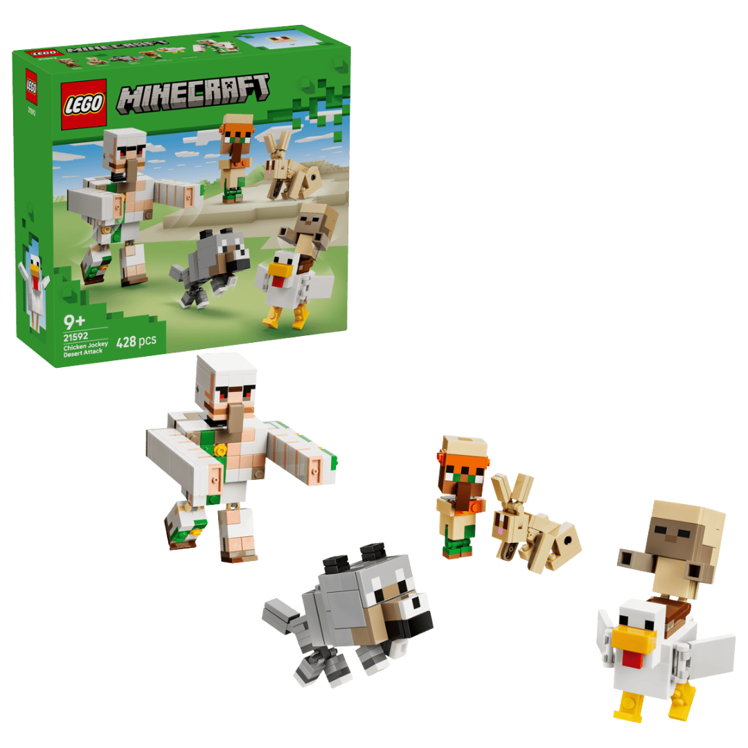 Conjunto LEGO Minecraft com figuras de Iron Golem, cão, galinha, coelho e personagens, com caixa verde e azul.