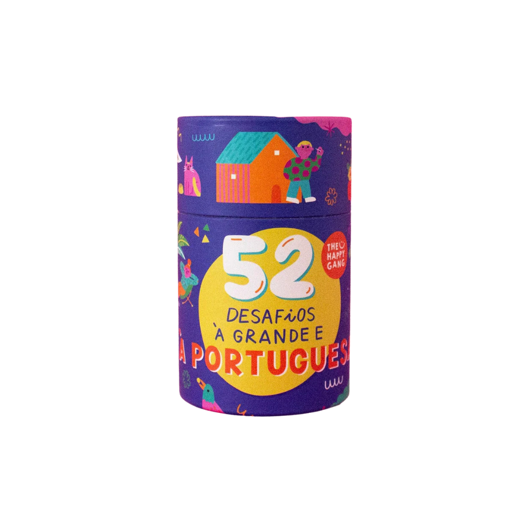 Embalagem cilíndrica roxa com texto e ilustrações coloridas