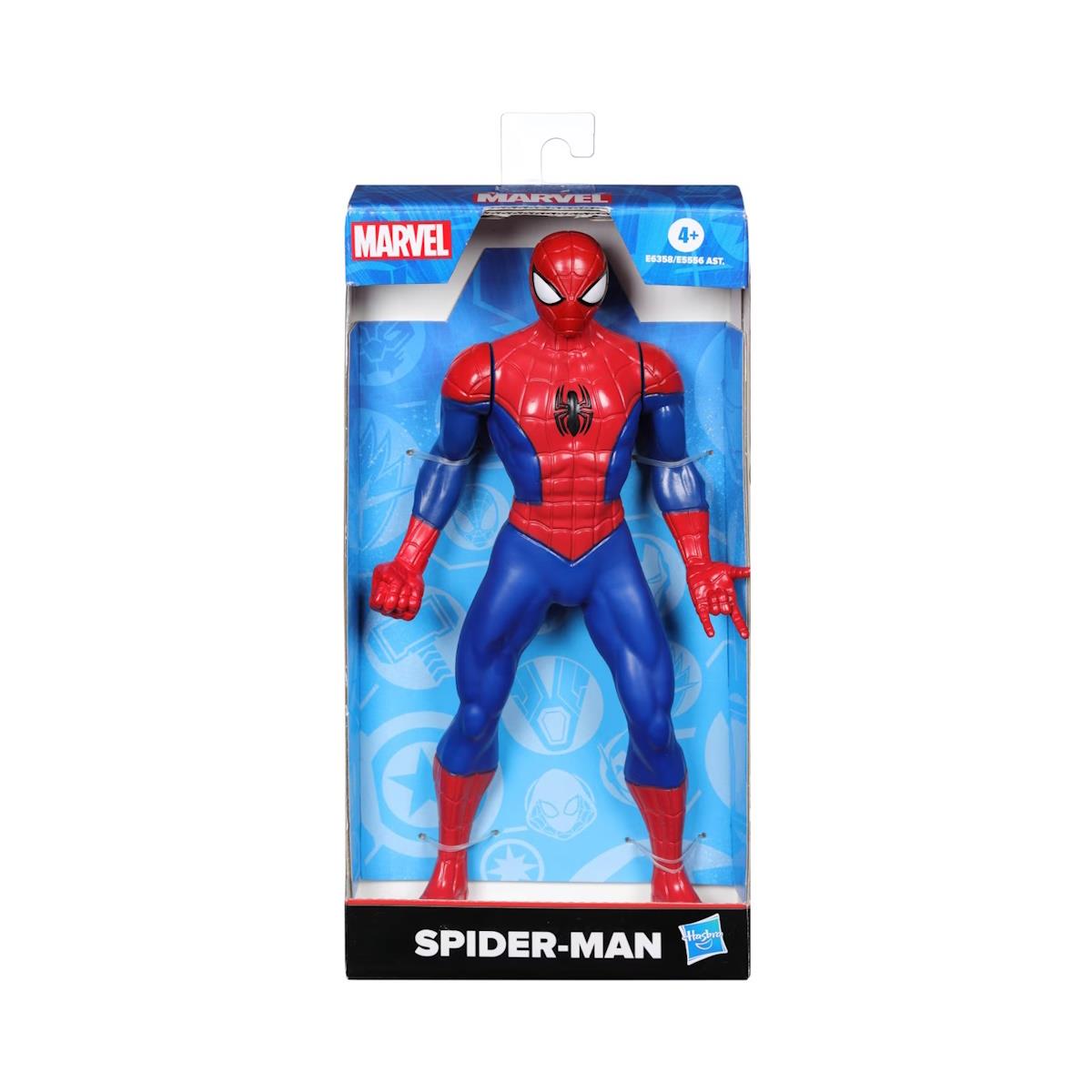 Figura de ação Spider-Man em embalagem azul com texto Marvel e Hasbro
