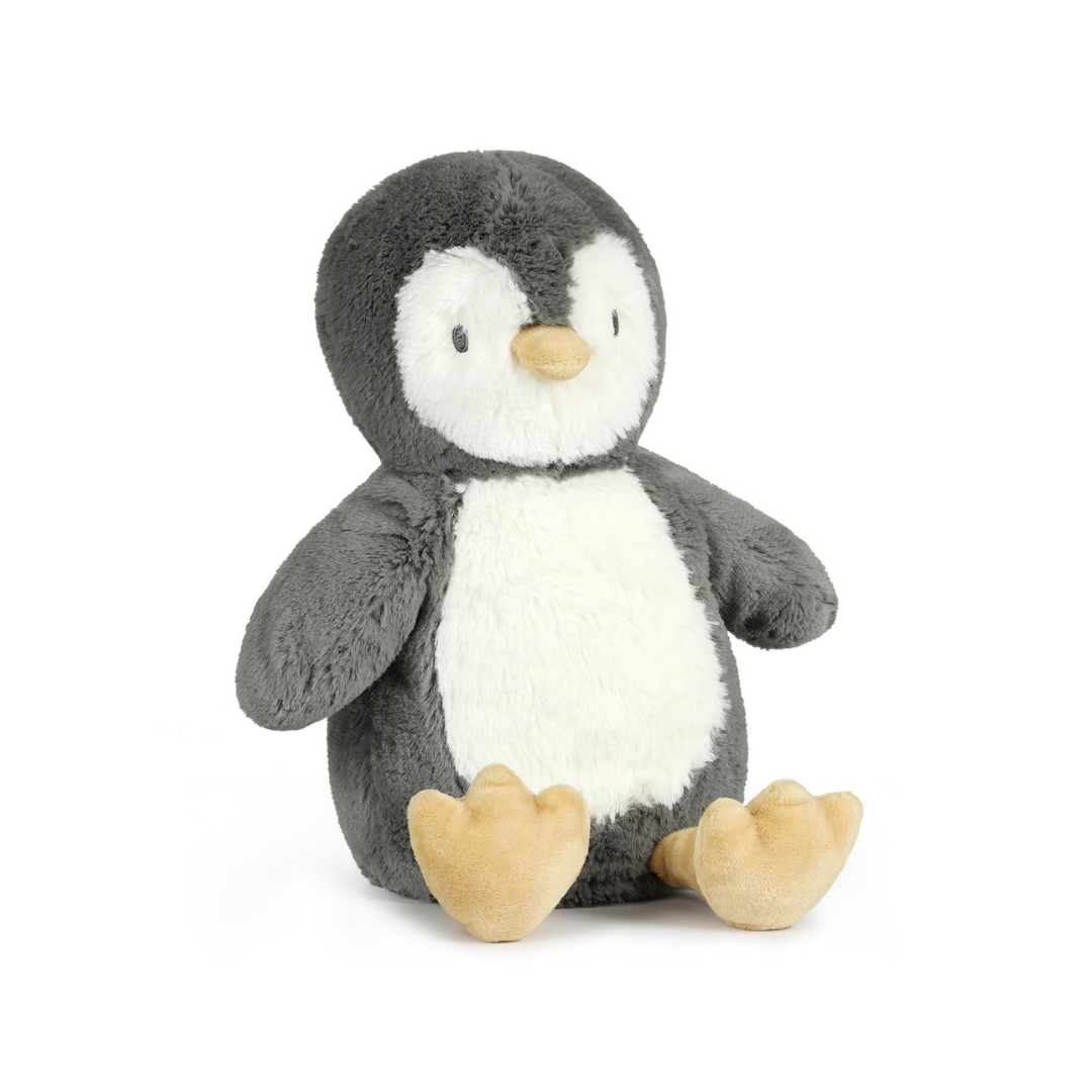 Pelúcia de pinguim cinzento escuro e branco com bico e patas castanhas claras