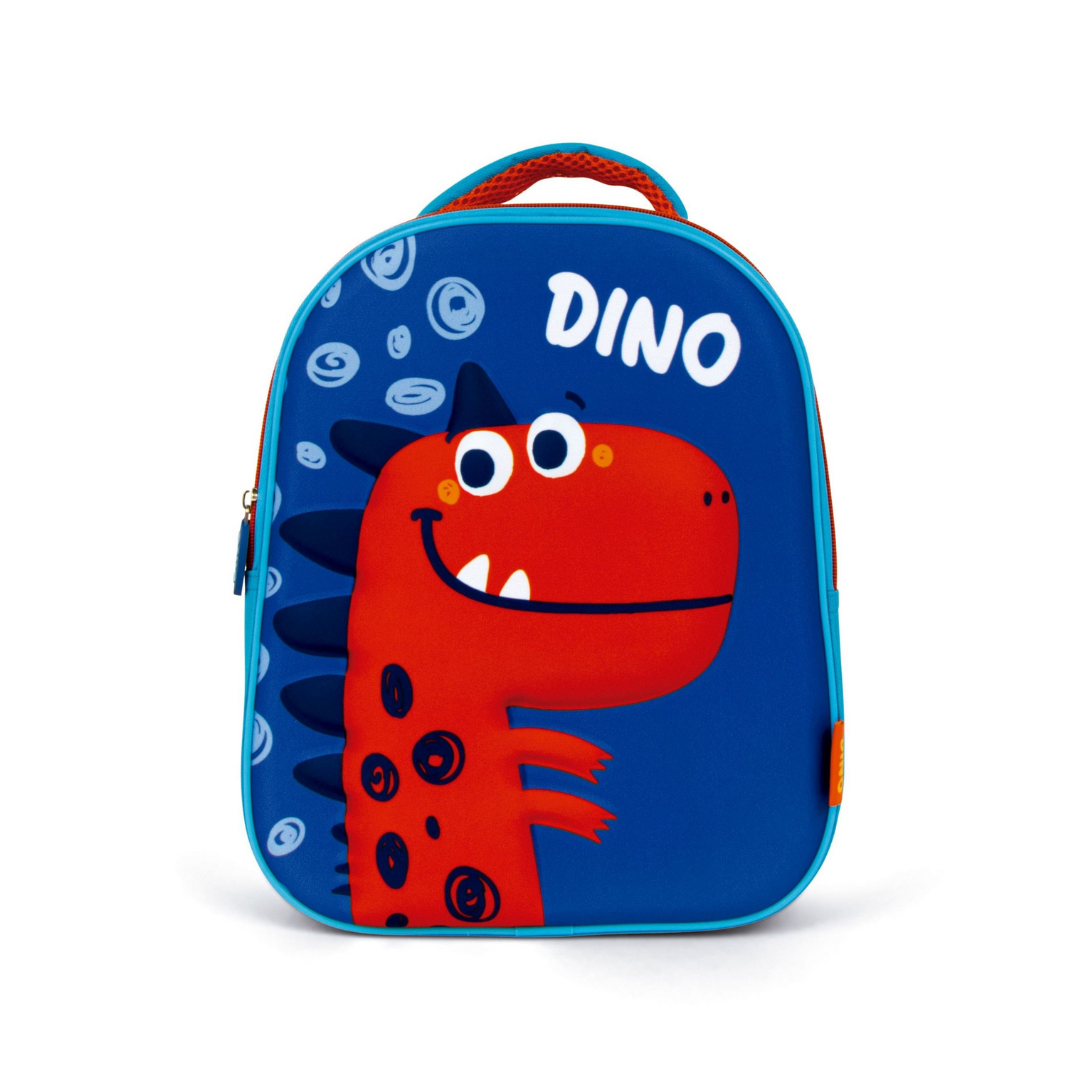 Mochila infantil azul com dinossauro vermelho e texto DINO