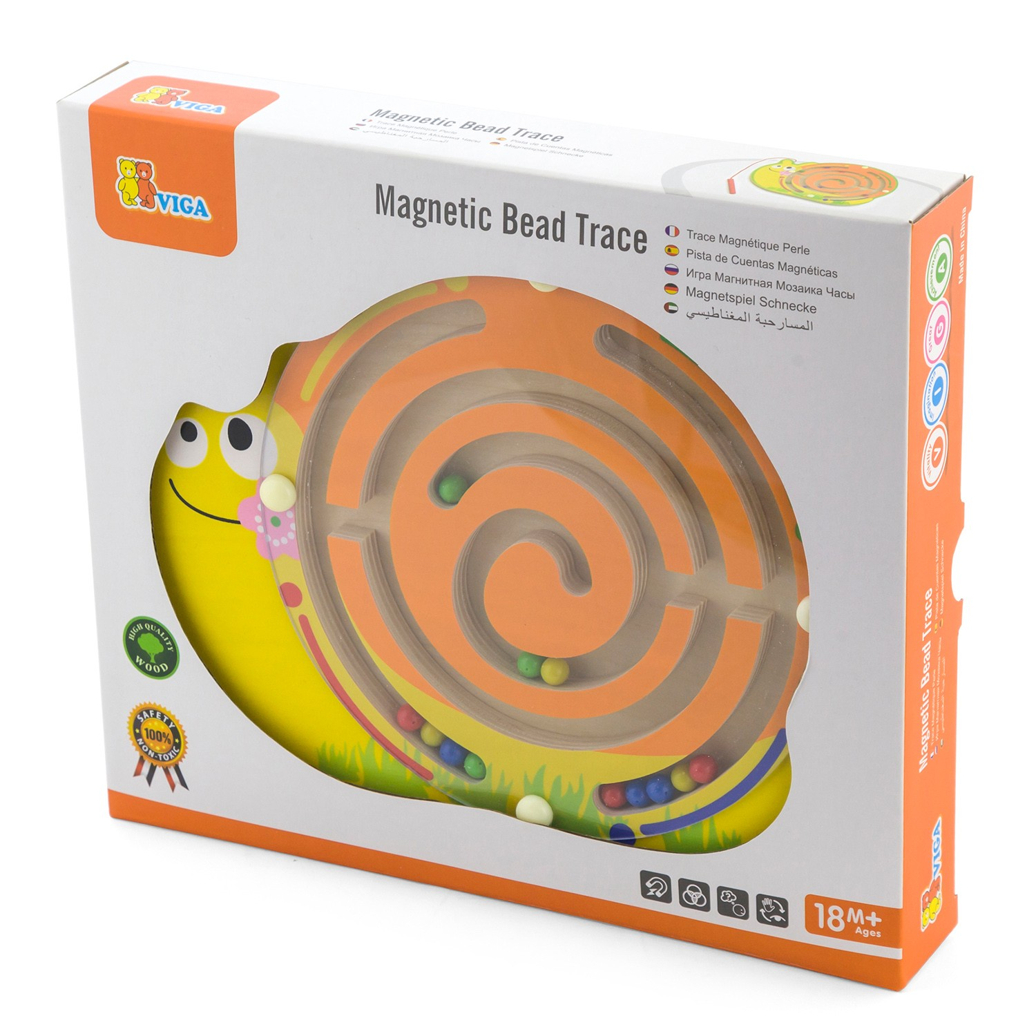 Brinquedo educativo caracol com bolas magnéticas em embalagem branca e laranja