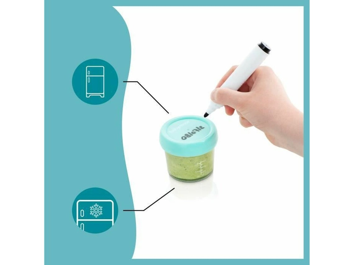 Frasco pequeno com tampa azul clara e marcador branco usado por uma mão.