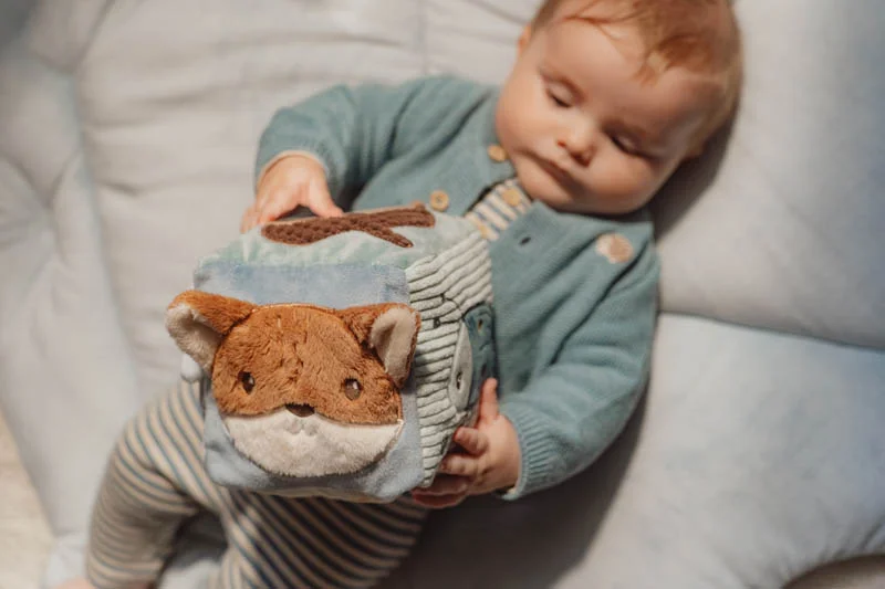 Bebé com cubo de tecido macio com rosto de animal