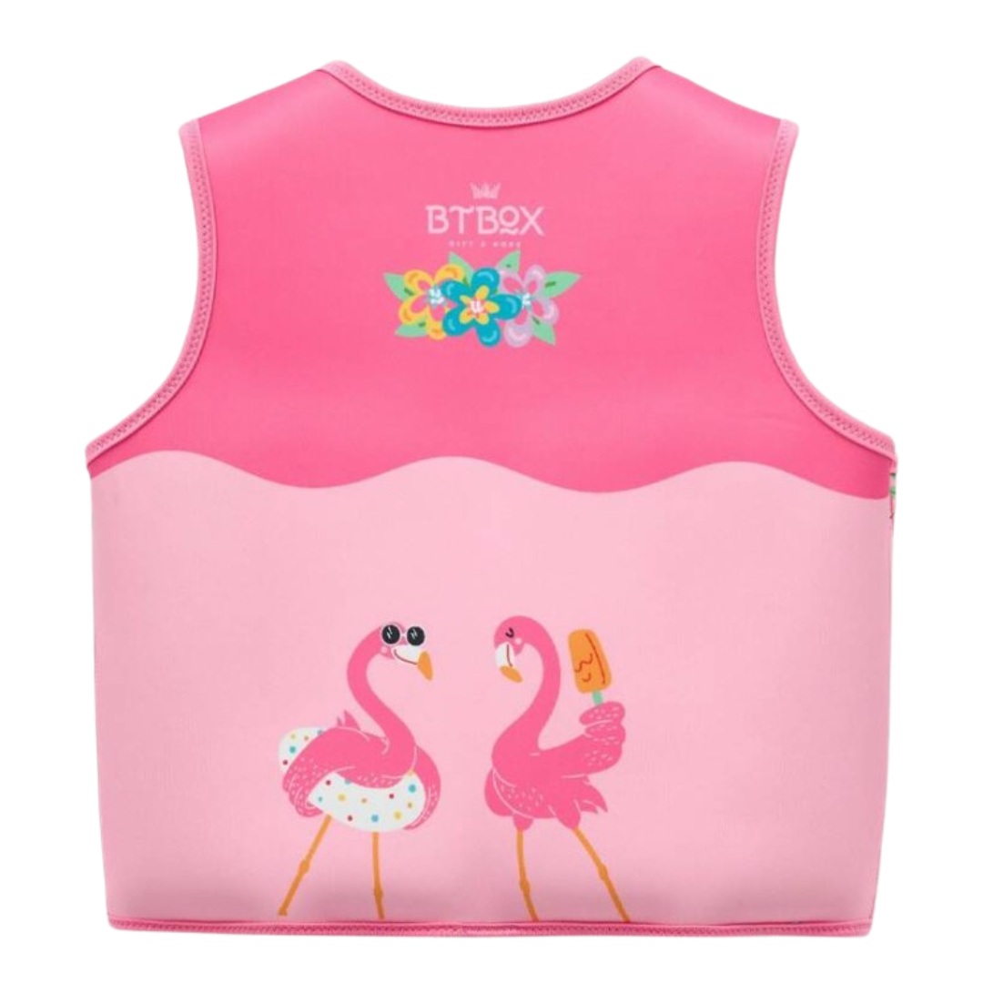 Colete de natação infantil rosa com estampas de flamingos e texto BTBOX Kids & More