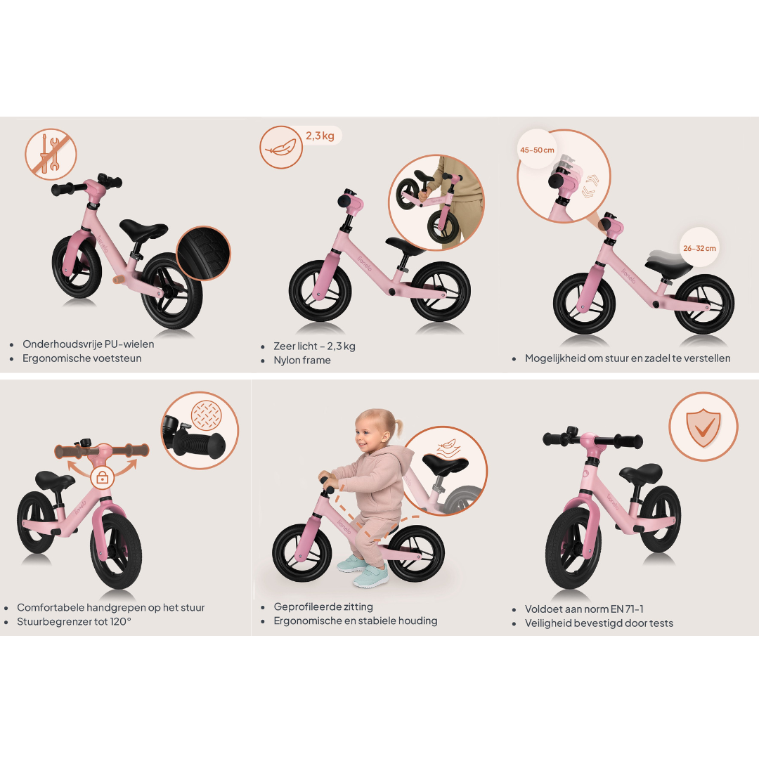 Bicicleta infantil rosa com detalhes técnicos e imagens de uma criança a usar