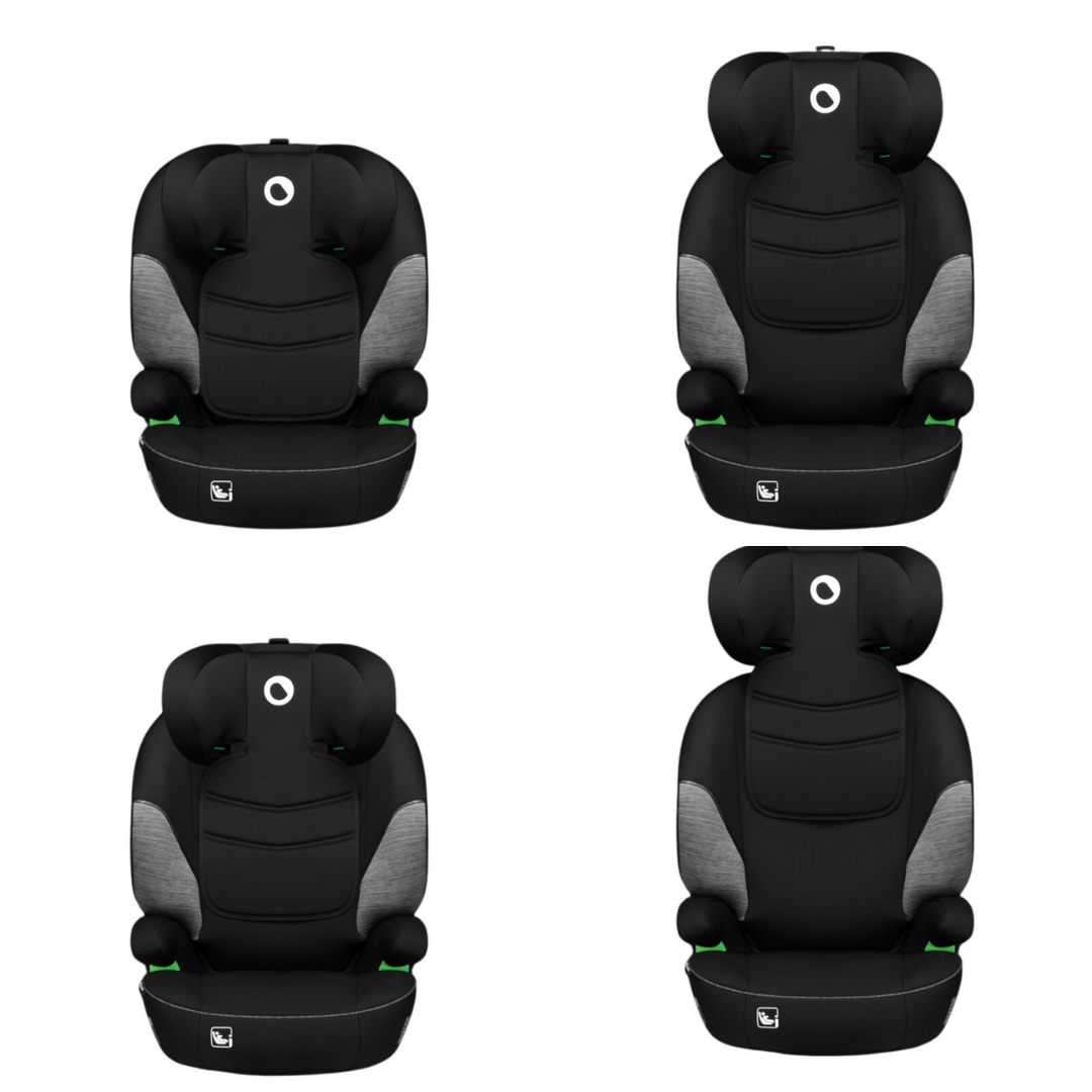 Quatro cadeiras auto para crianças pretas com detalhes cinza em fundo branco