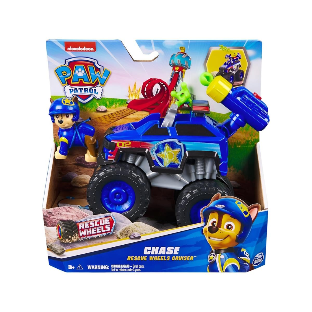 Brinquedo carro azul e figura personagem Chase de Paw Patrol em embalagem