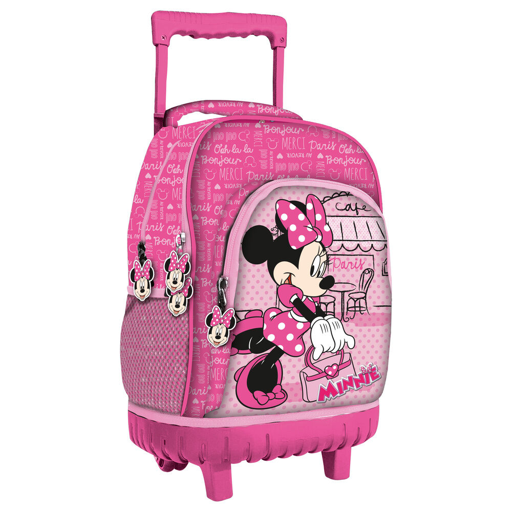 Mochila de carrinho infantil cor-de-rosa com estampa Minnie Mouse e texto em branco