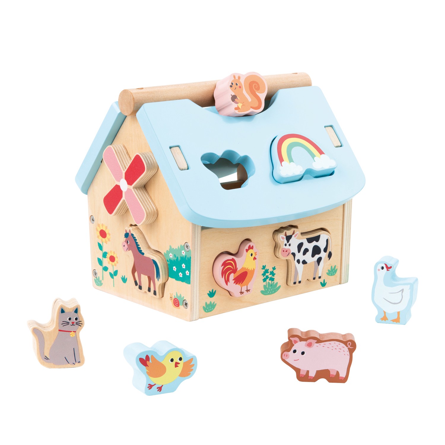 Casa de encaixe em madeira com figuras de animais coloridos