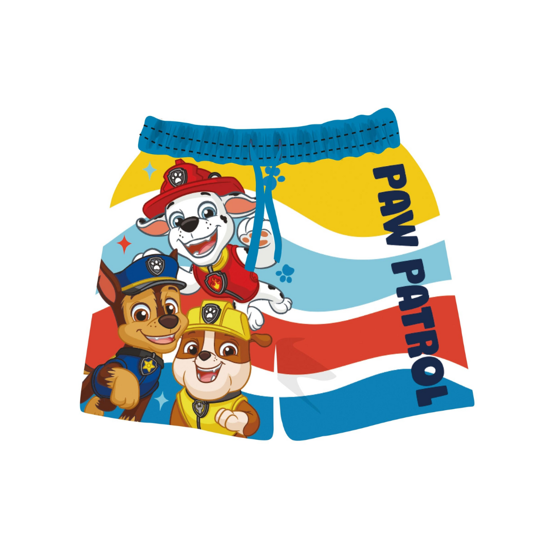 Calções de banho infantis Paw Patrol coloridos com desenhos dos personagens e texto azul