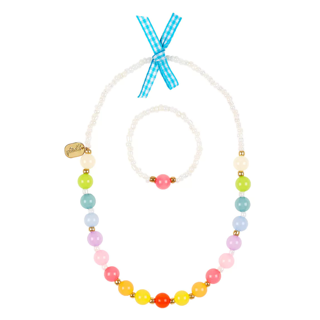 Conjunto de bijuteria com colar e pulseira de contas coloridas com laço azul