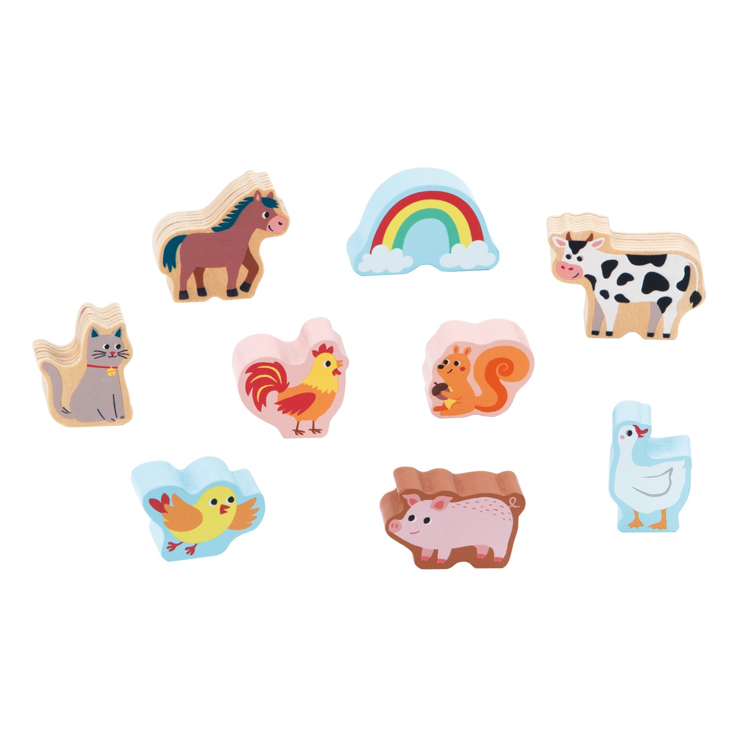 Figuras de madeira coloridas de animais e arco-íris para crianças