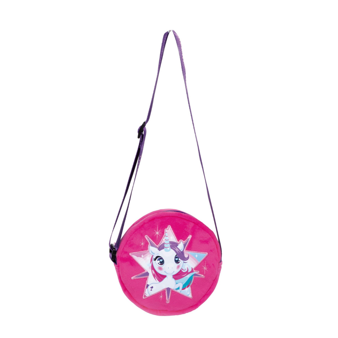 Mala redonda rosa com imagem de unicórnio e alça roxa