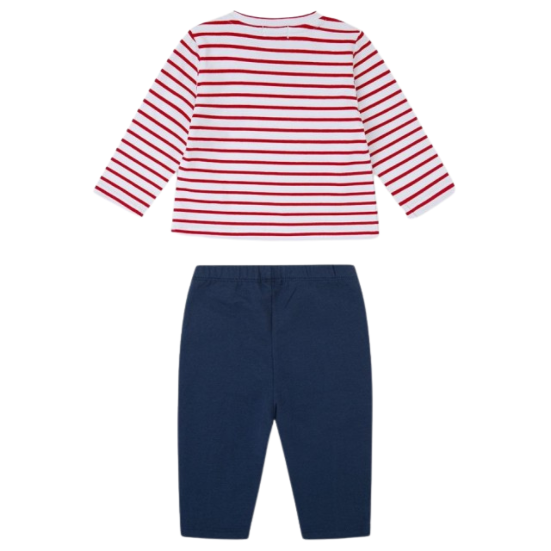 Conjunto infantil camisola riscada vermelha e calças azuis